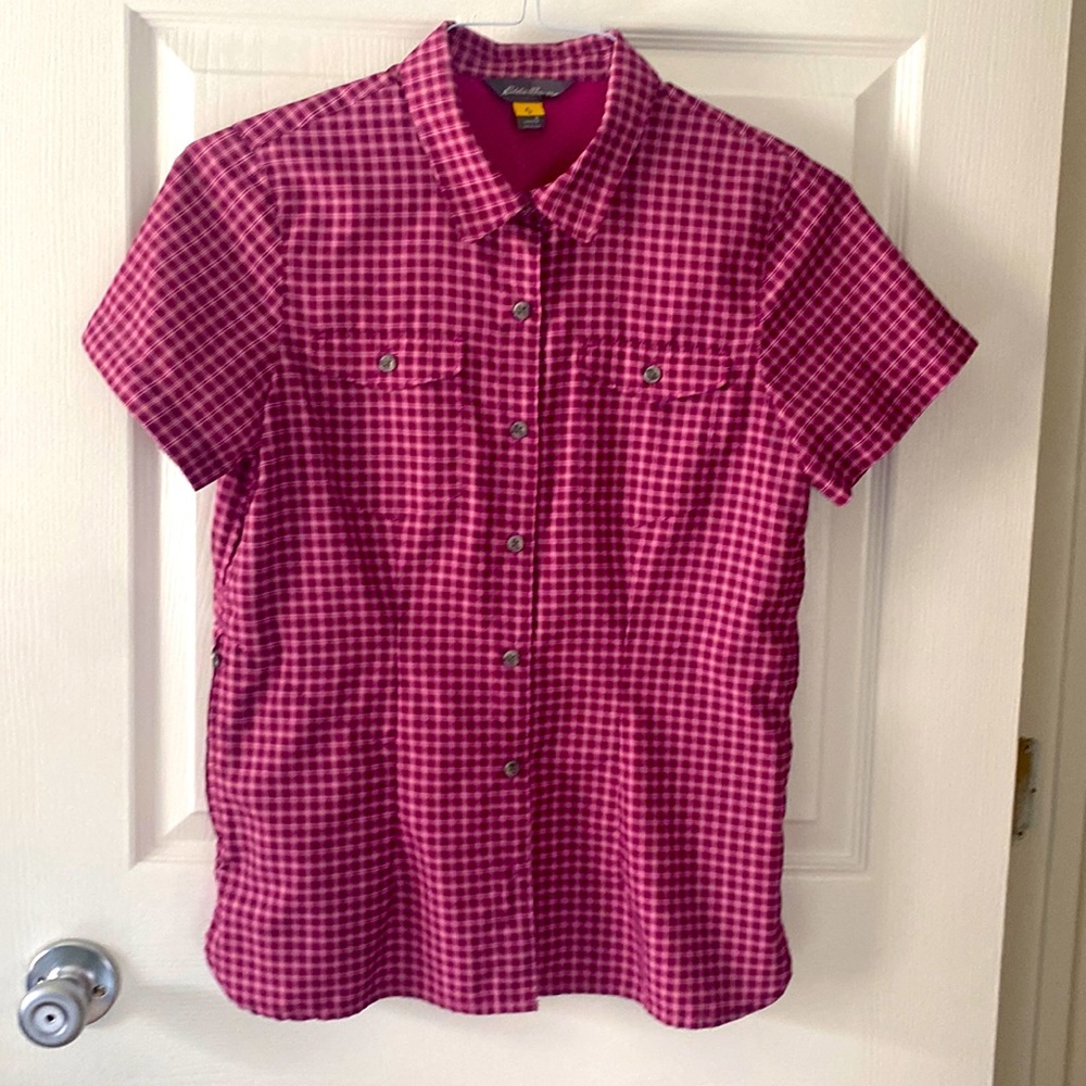 Eddie Bauer Pink Plaid Button-Down Short Sleeve Shirt